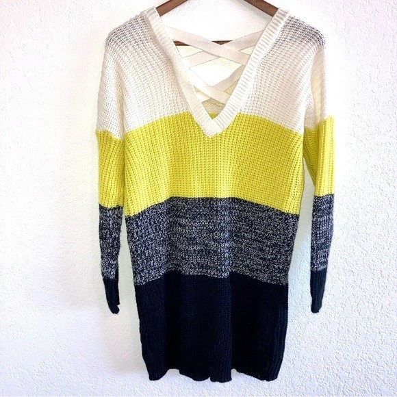 No Comment Color Block Cream Yellow Black Cable Knit Sweater Tunic Size Medium - Picture 2 of 4